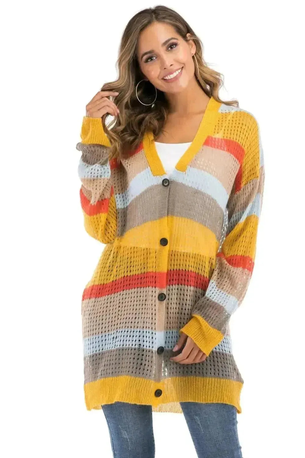 Color Block Openwork Long Sleeve Cardigan - Bad Moms Club