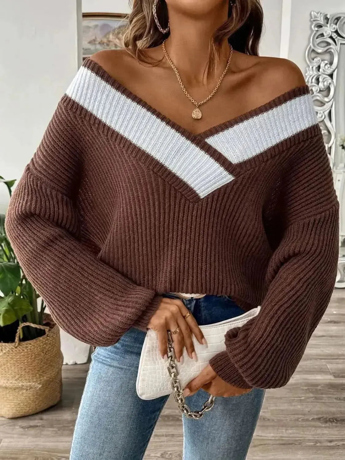 Contrast Dropped Shoulder Long Sleeve Sweater - Bad Moms Club