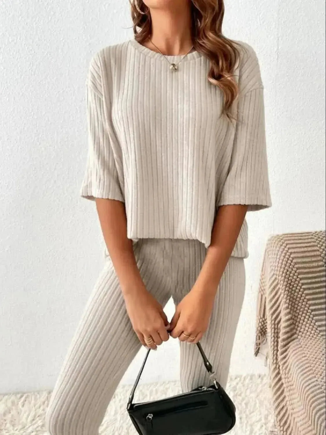 Ribbed Round Neck T-Shirt and Pants Lounge Set - Bad Moms Club