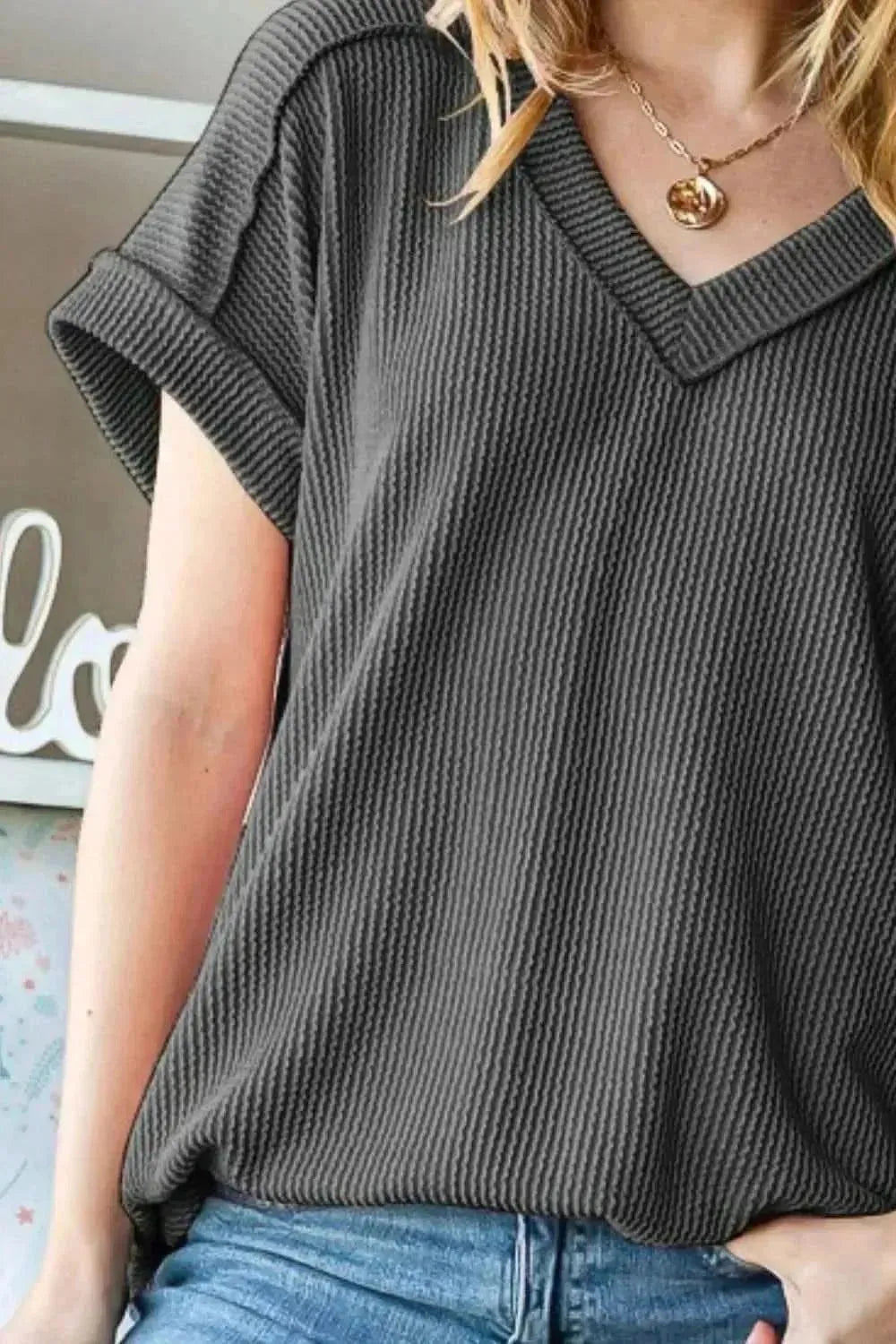 Heimish Full Size Exposed Seam Short Sleeve Ribbed Top - Bad Moms Club