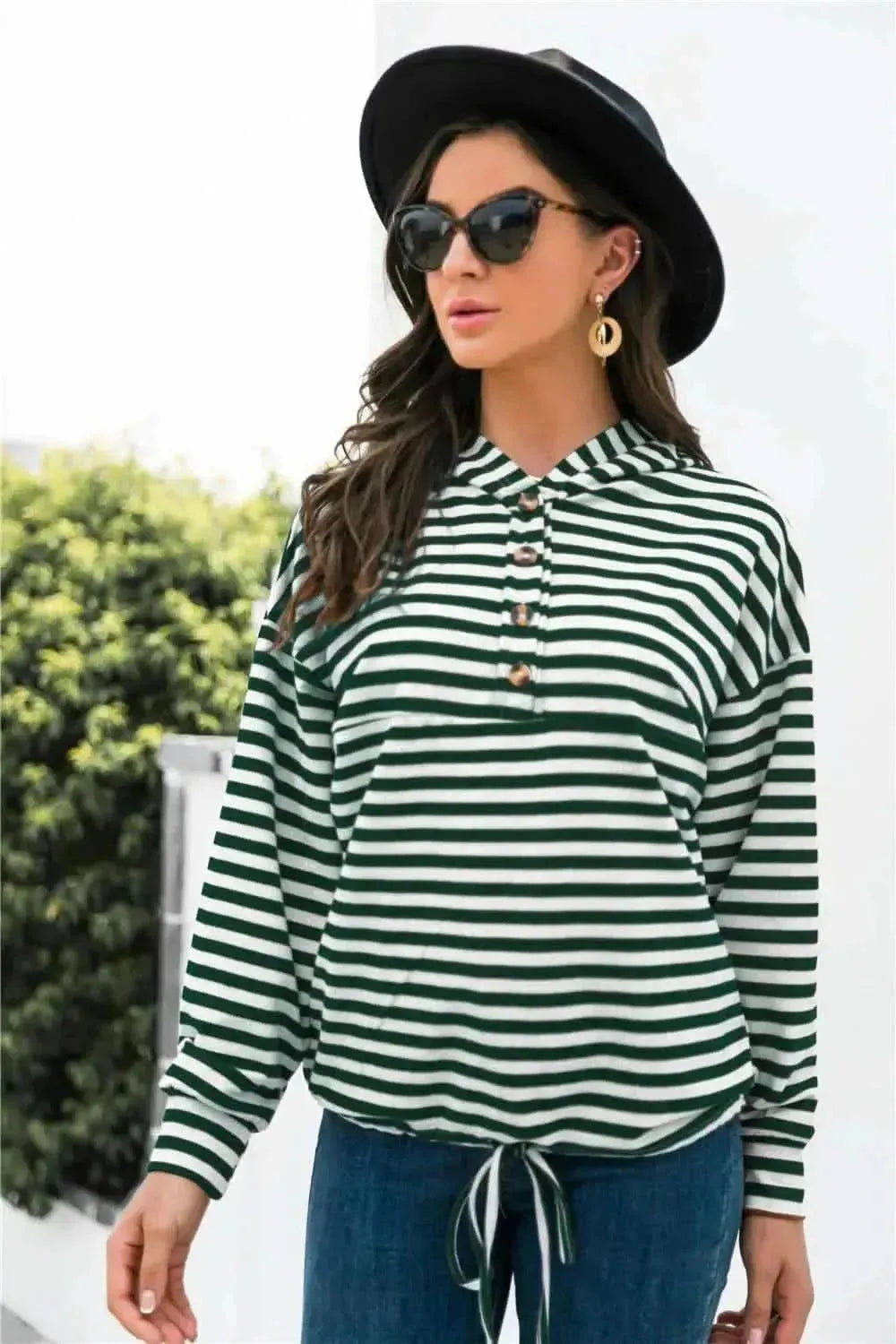 Striped Half-Button Dropped Shoulder Hoodie - Bad Moms Club
