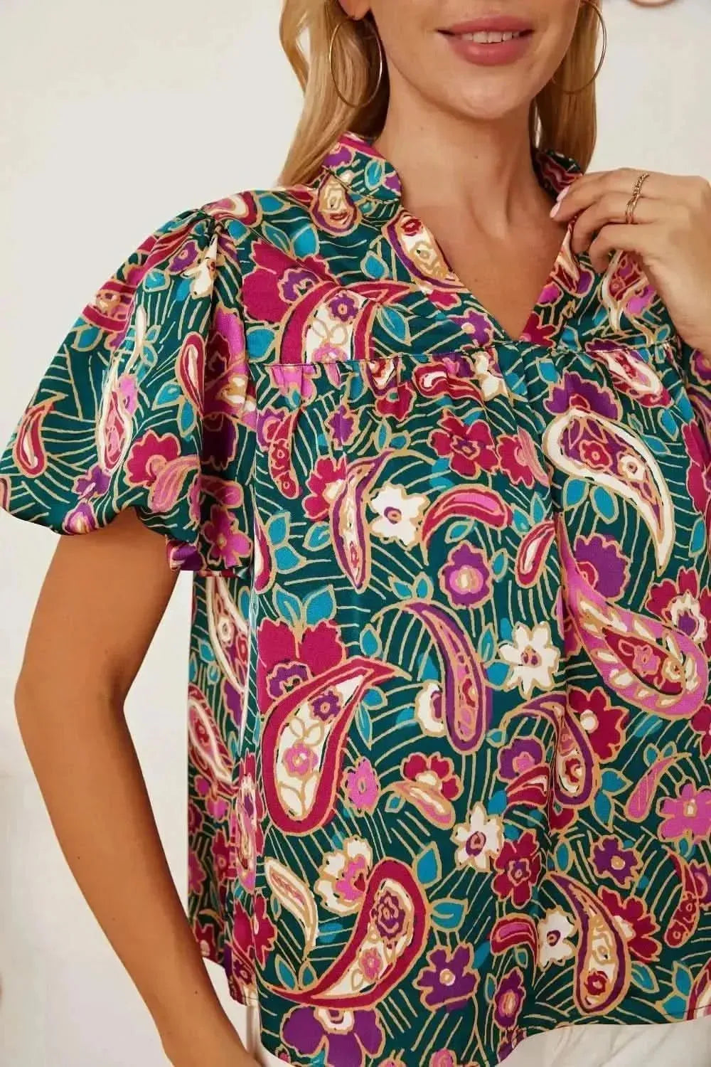 Floral Collared Neck Short Sleeve Blouse - Bad Moms Club