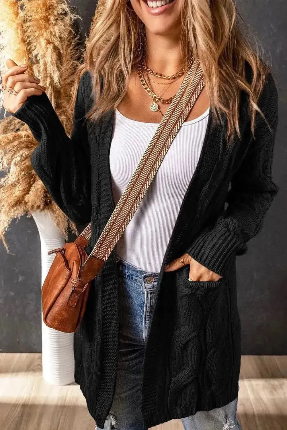 Cable-Knit Dropped Shoulder Slit Cardigan - Bad Moms Club