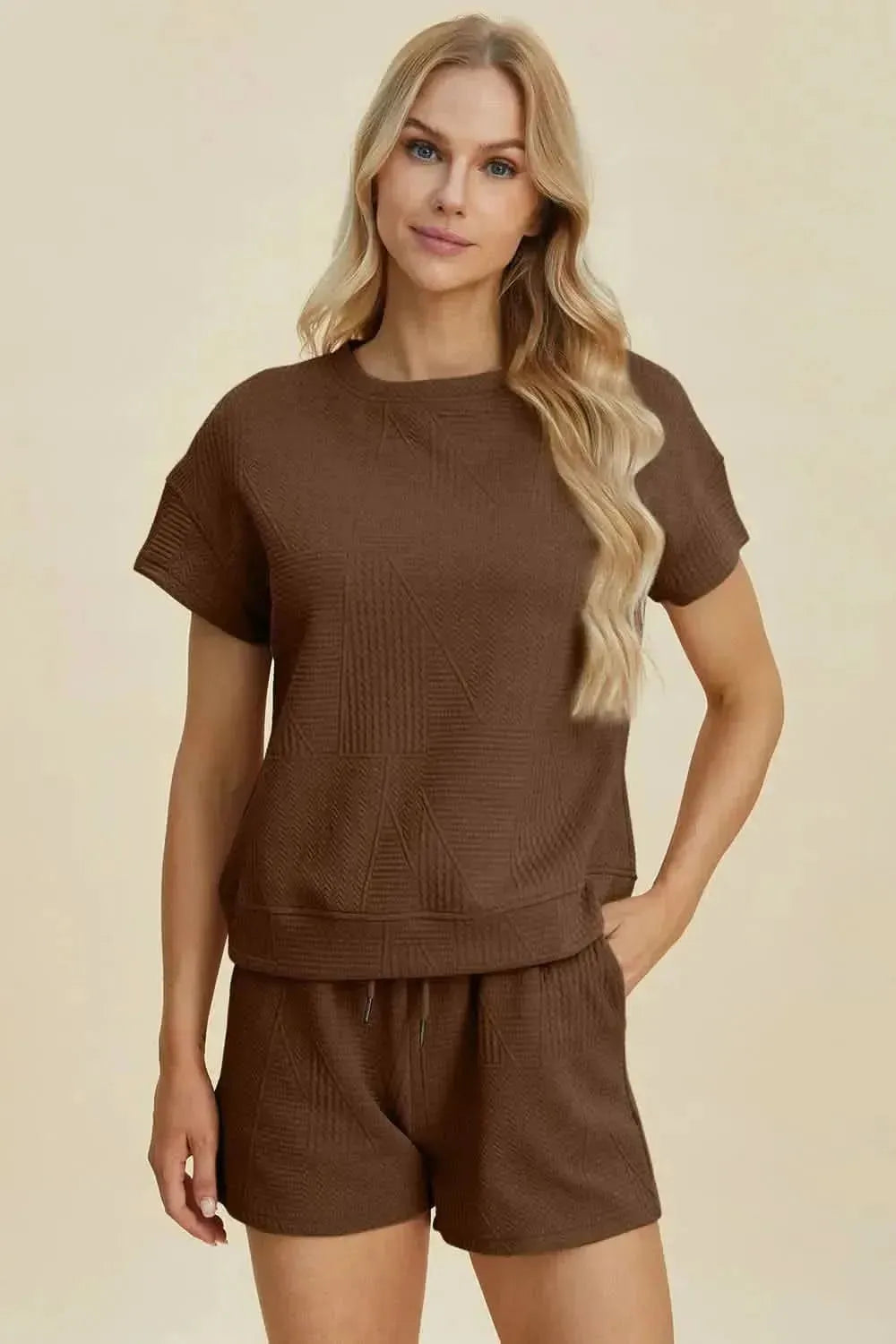 Double Take Full Size Texture Short Sleeve Top and Shorts Set - Bad Moms Club