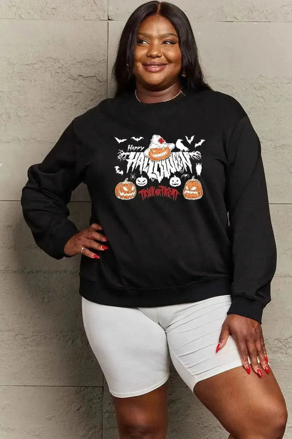 Simply Love Full Size HAPPY HALLOWEEN TRICK OR TREAT Graphic Sweatshirt - Bad Moms Club