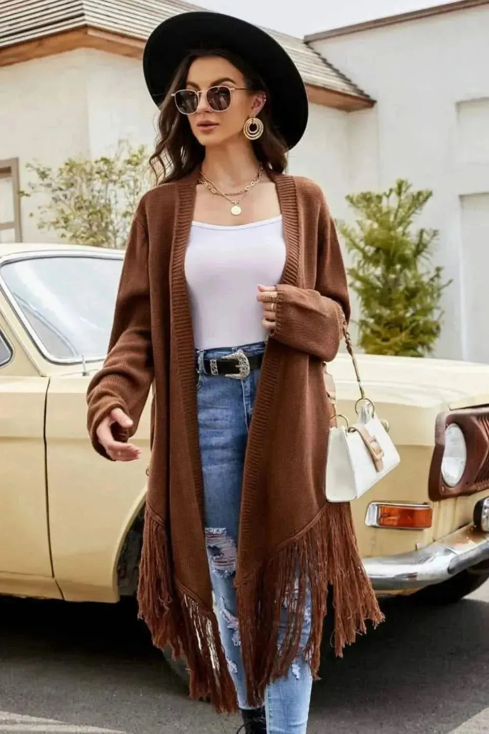 Fringe Hem Open Front Ribbed Trim Cardigan - Bad Moms Club