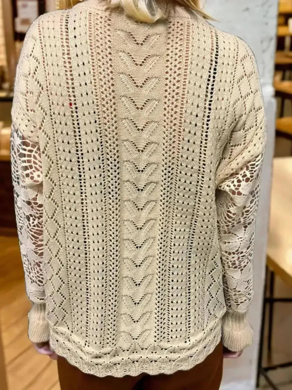 Eyelet Button Up Lantern Sleeve Cardigan - Bad Moms Club