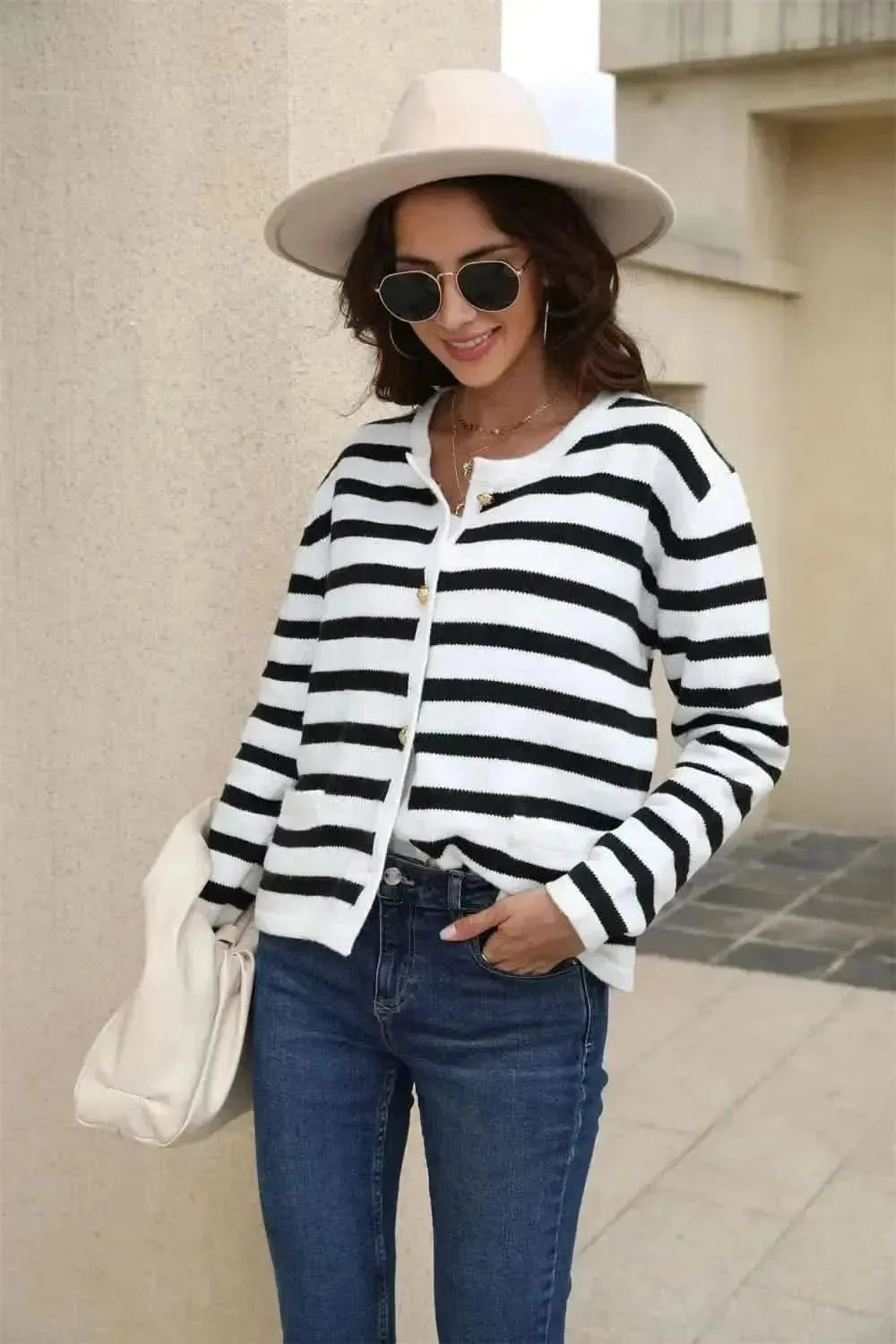 Striped Round Neck Button-Down Dropped Shoulder Cardigan - Bad Moms Club