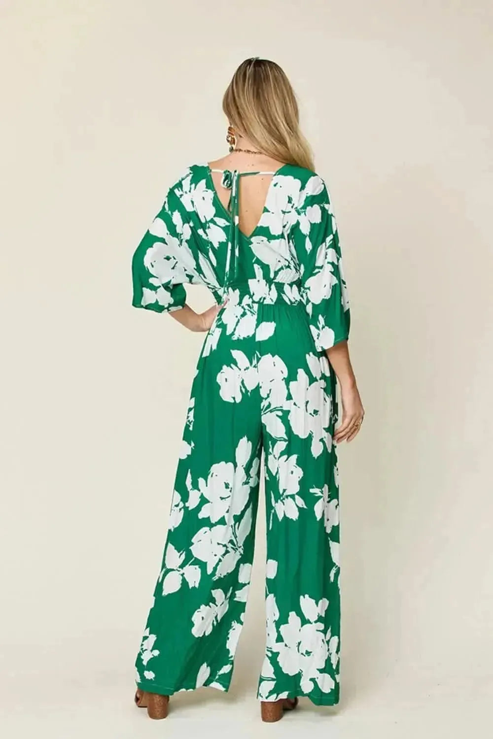 Double Take Full Size Printed Tie Back Wide Leg Jumpsuit - Bad Moms Club