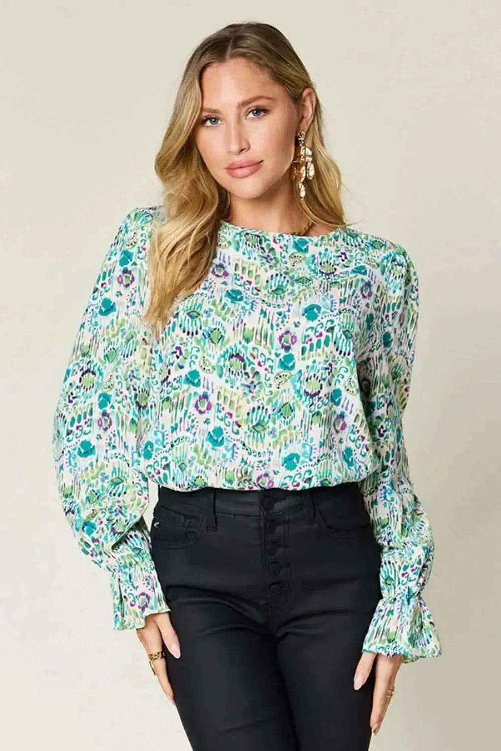 Double Take Full Size Printed Flounce Sleeve Blouse - Bad Moms Club