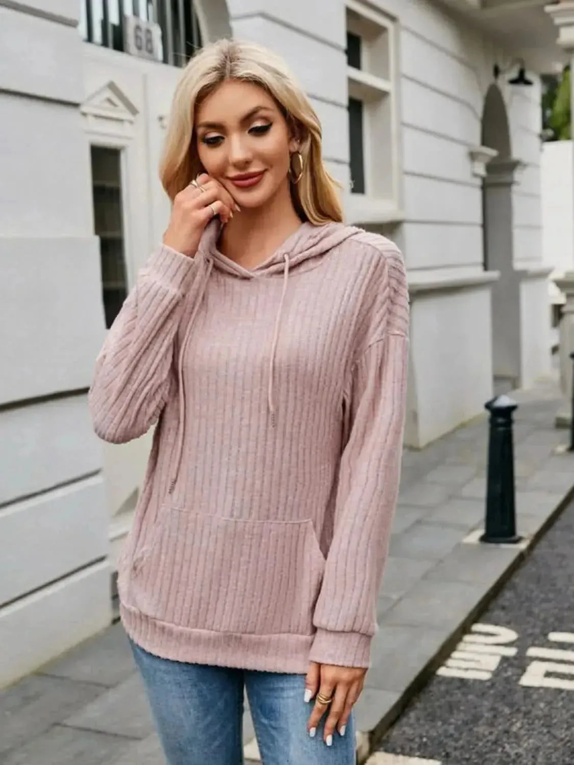 Ribbed Drawstring Long Sleeve Hoodie - Bad Moms Club