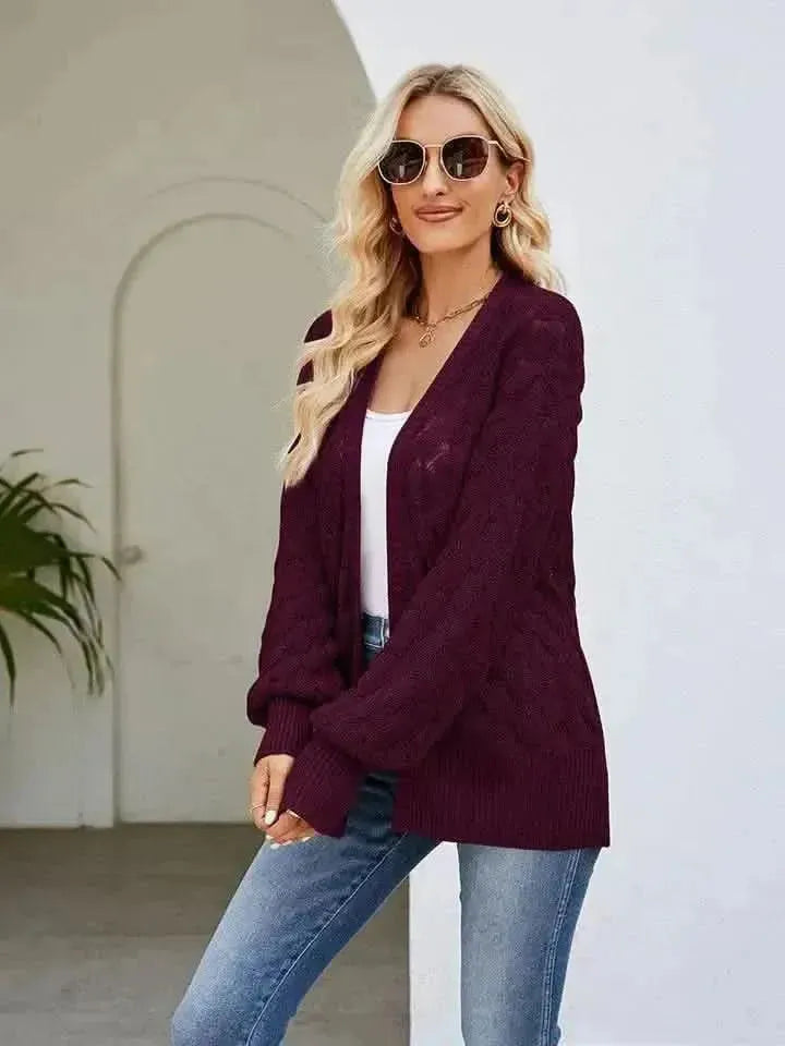 Openwork Open Front Lantern Sleeve Cardigan - Bad Moms Club