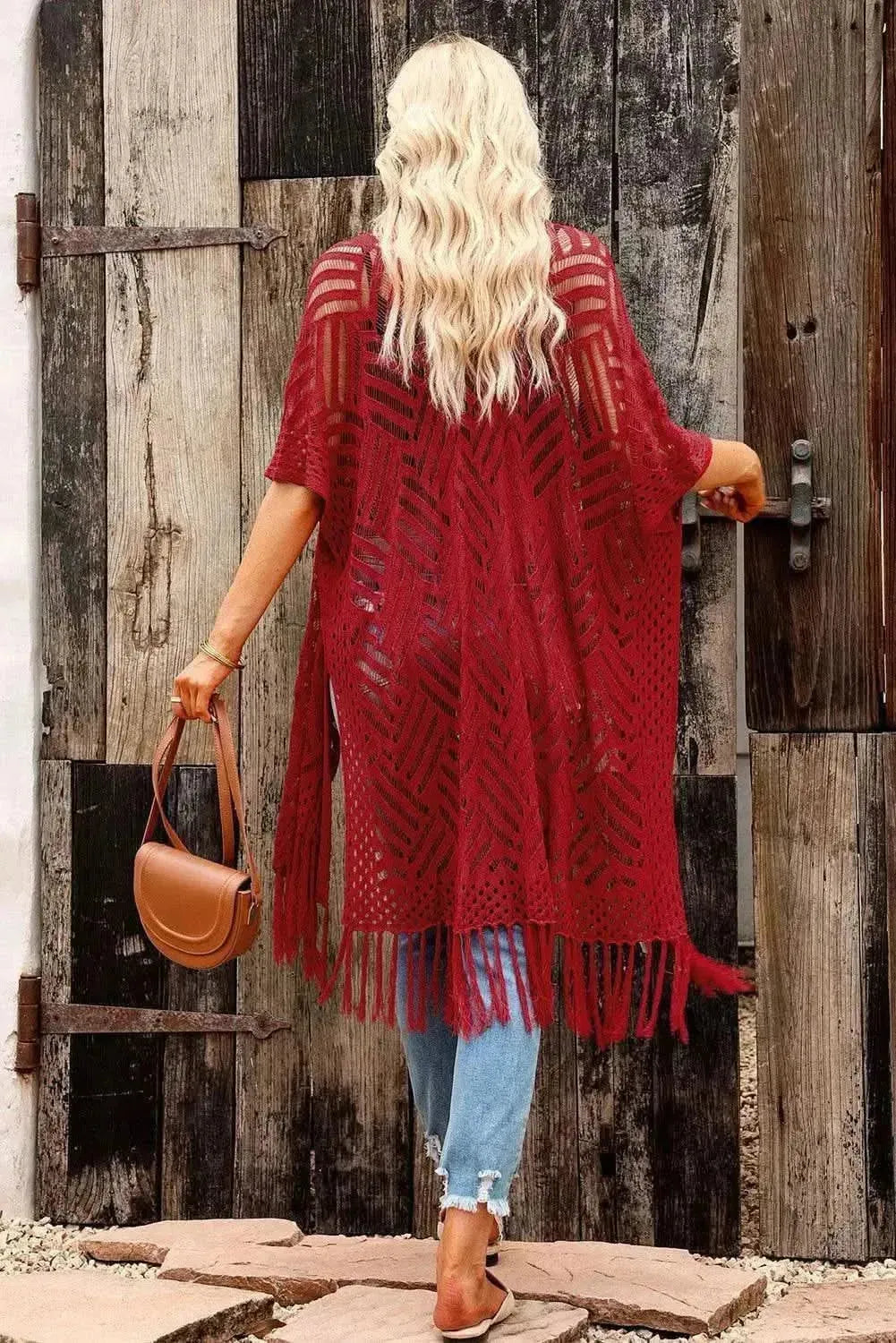 Openwork Open Front Cardigan with Fringes - Bad Moms Club