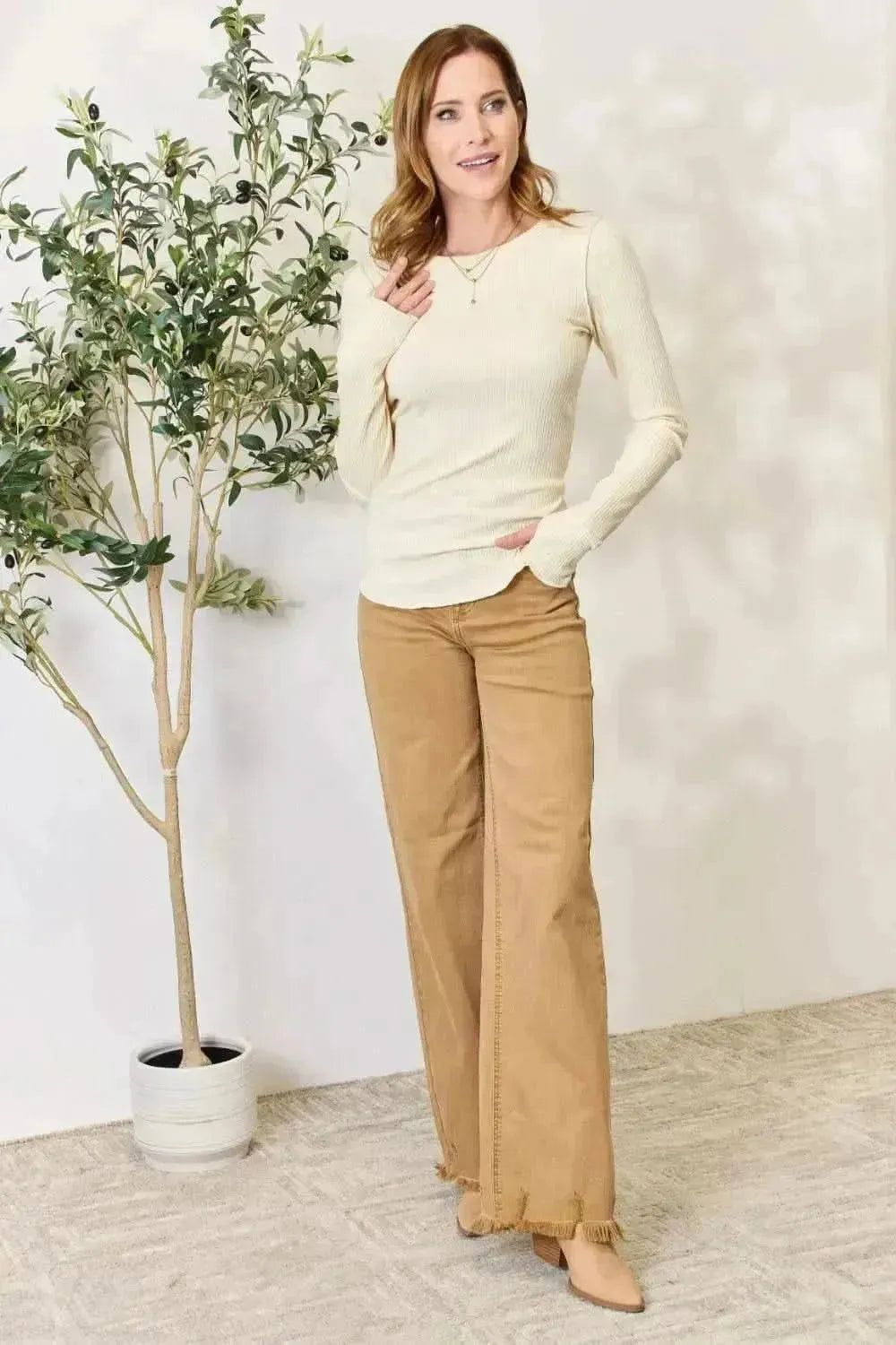 Culture Code Full Size Ribbed Round Neck Long Sleeve Top - Bad Moms Club