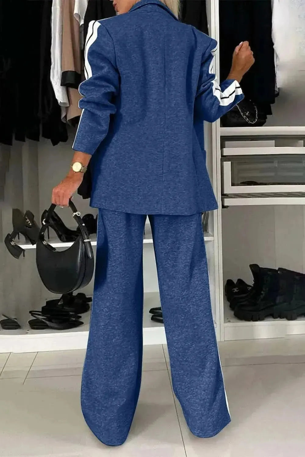 Full Size Contrast Lapel Collar Top and Pants Set - Bad Moms Club