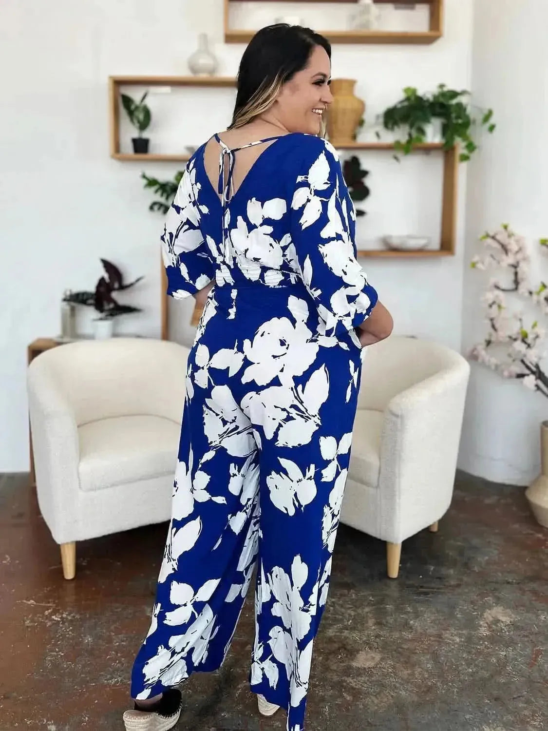 Double Take Full Size Printed Tie Back Wide Leg Jumpsuit - Bad Moms Club