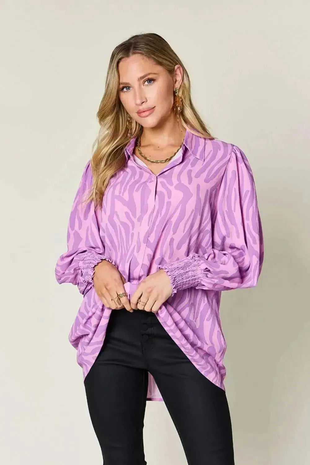 Double Take Full Size Printed Smocked Long Sleeve Blouse - Bad Moms Club