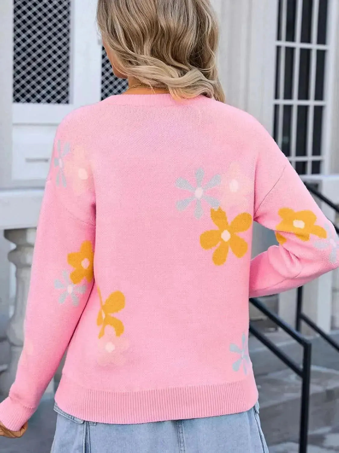 Angel Wings Flower Round Neck Dropped Shoulder Sweater - Bad Moms Club
