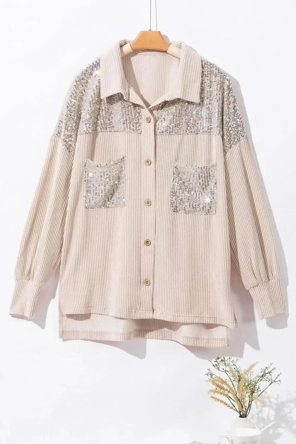 Sequin Button Up Dropped Shoulder Jacket - Bad Moms Club
