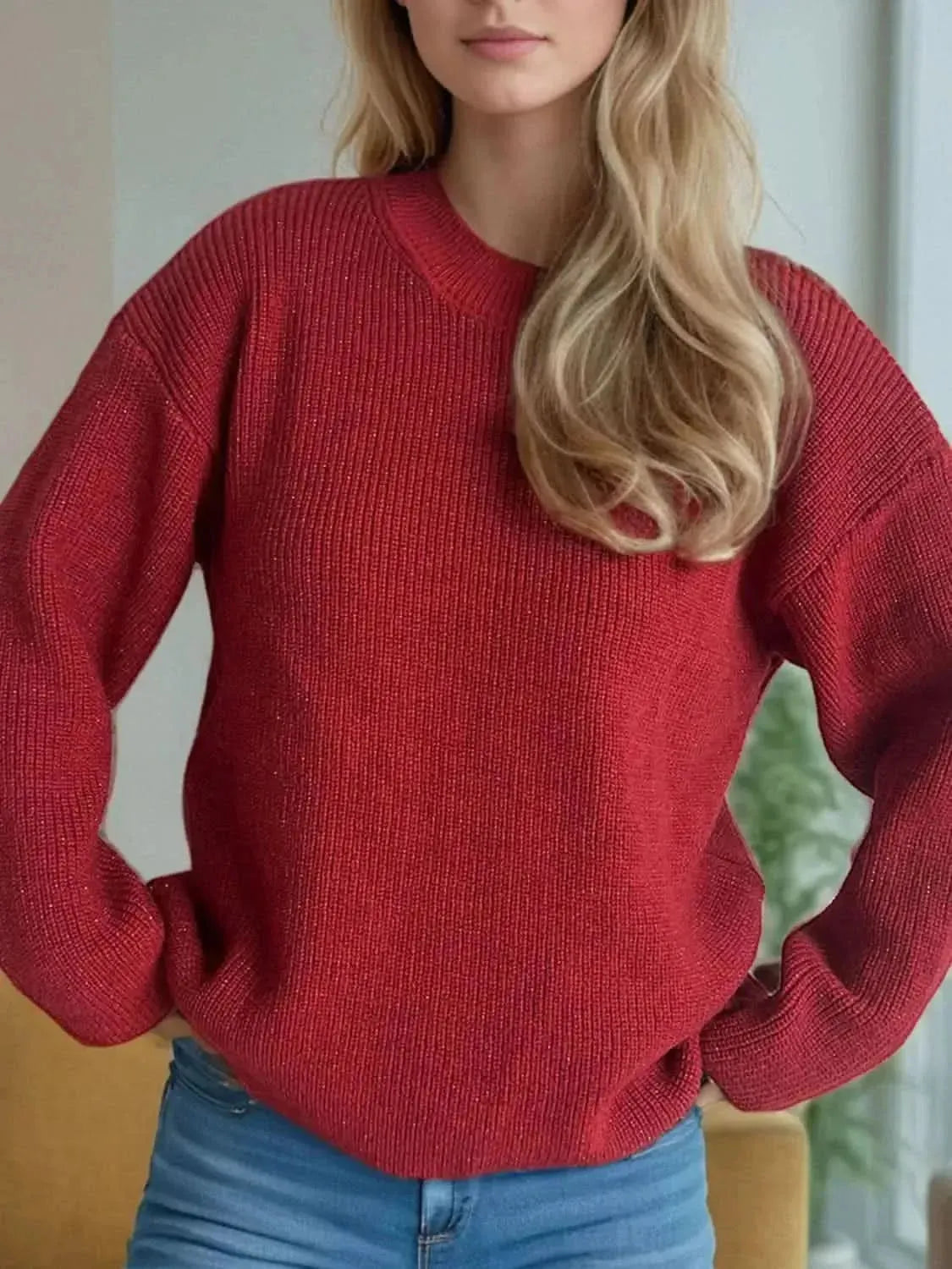 Solid Color Round Neck Long Sleeve Sweater - Bad Moms Club