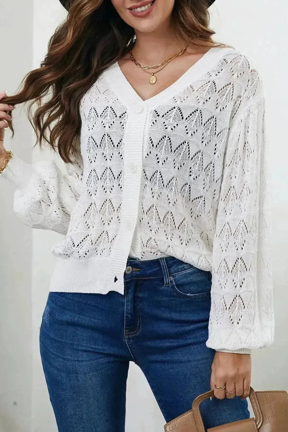 Openwork V-Neck Cardigan - Bad Moms Club