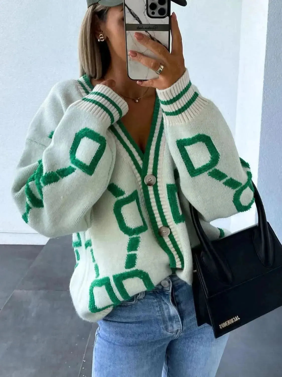 Geometric Dropped Shoulder Button Down Cardigan - Bad Moms Club