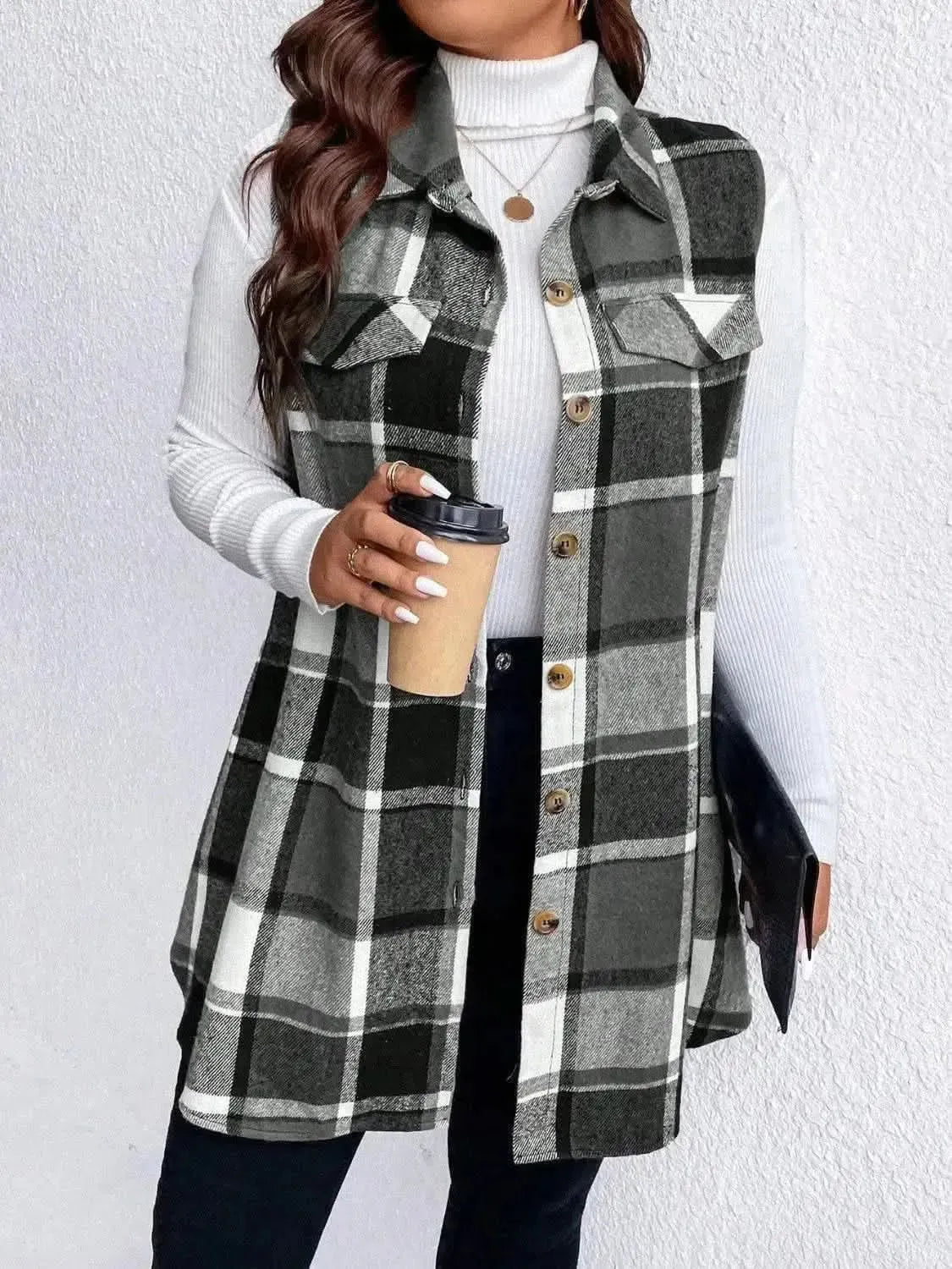 Honey Plus Size Pocketed Plaid Button Up Vest Coat - Bad Moms Club