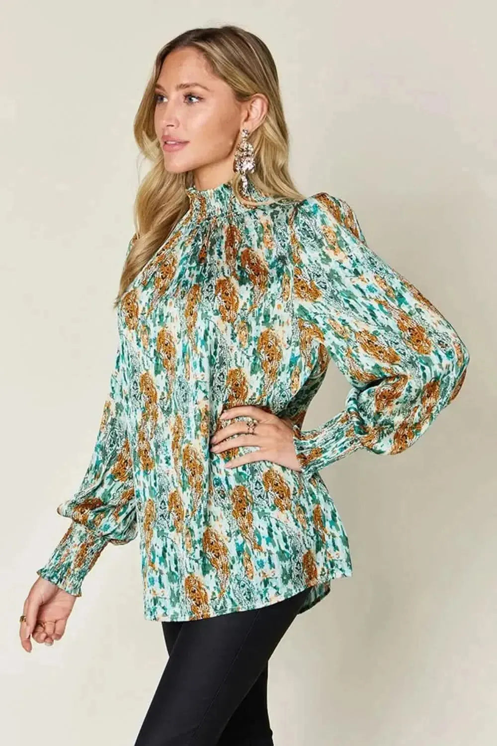 Double Take Full Size Printed Smocked Long Sleeve Blouse - Bad Moms Club