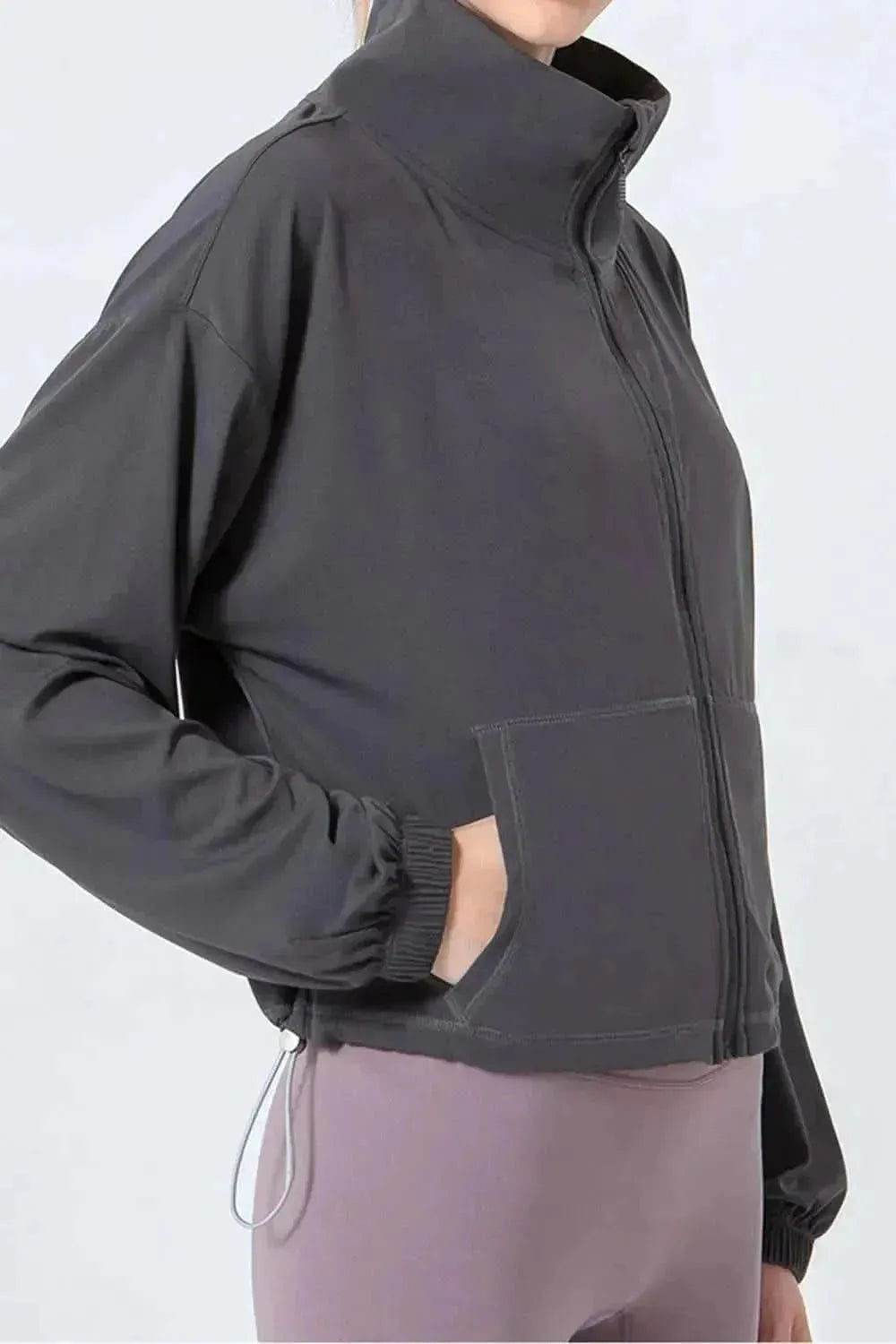 Drawstring Zip Up Dropped Shoulder Active Outerwear - Bad Moms Club