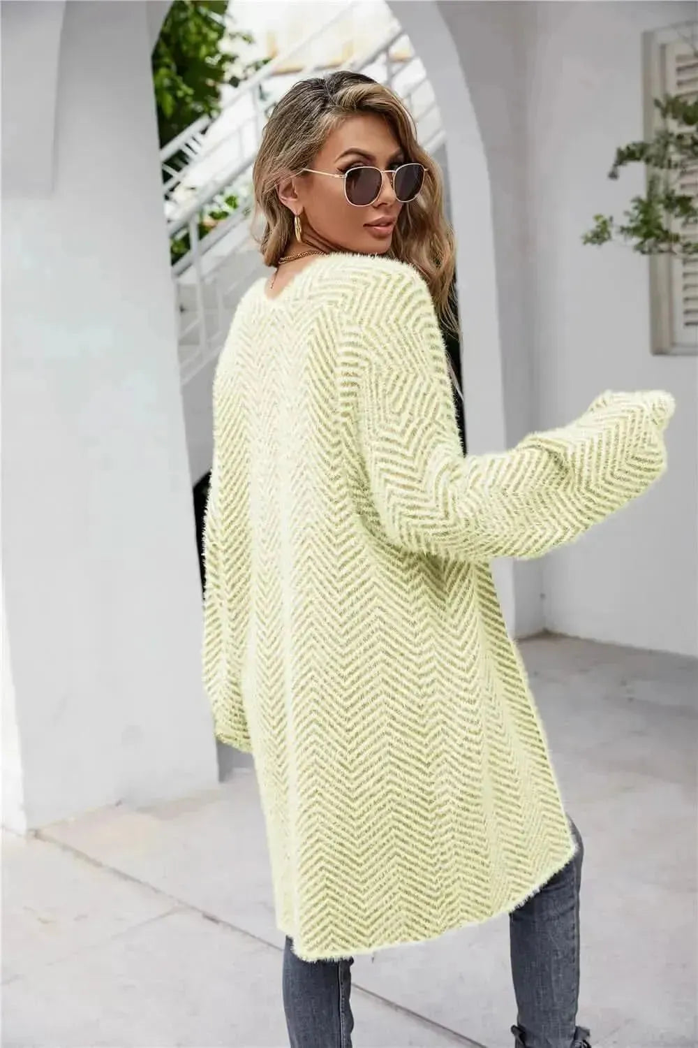Herringbone Pattern Open Front Longline Fuzzy Cardigan - Bad Moms Club