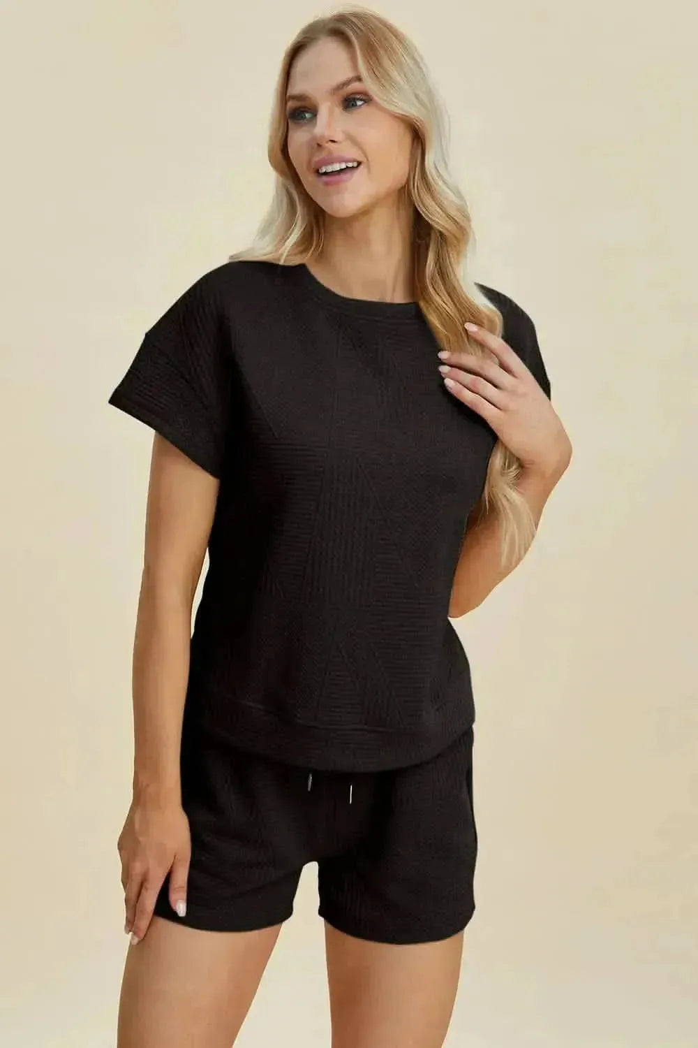 Double Take Full Size Texture Short Sleeve Top and Shorts Set - Bad Moms Club