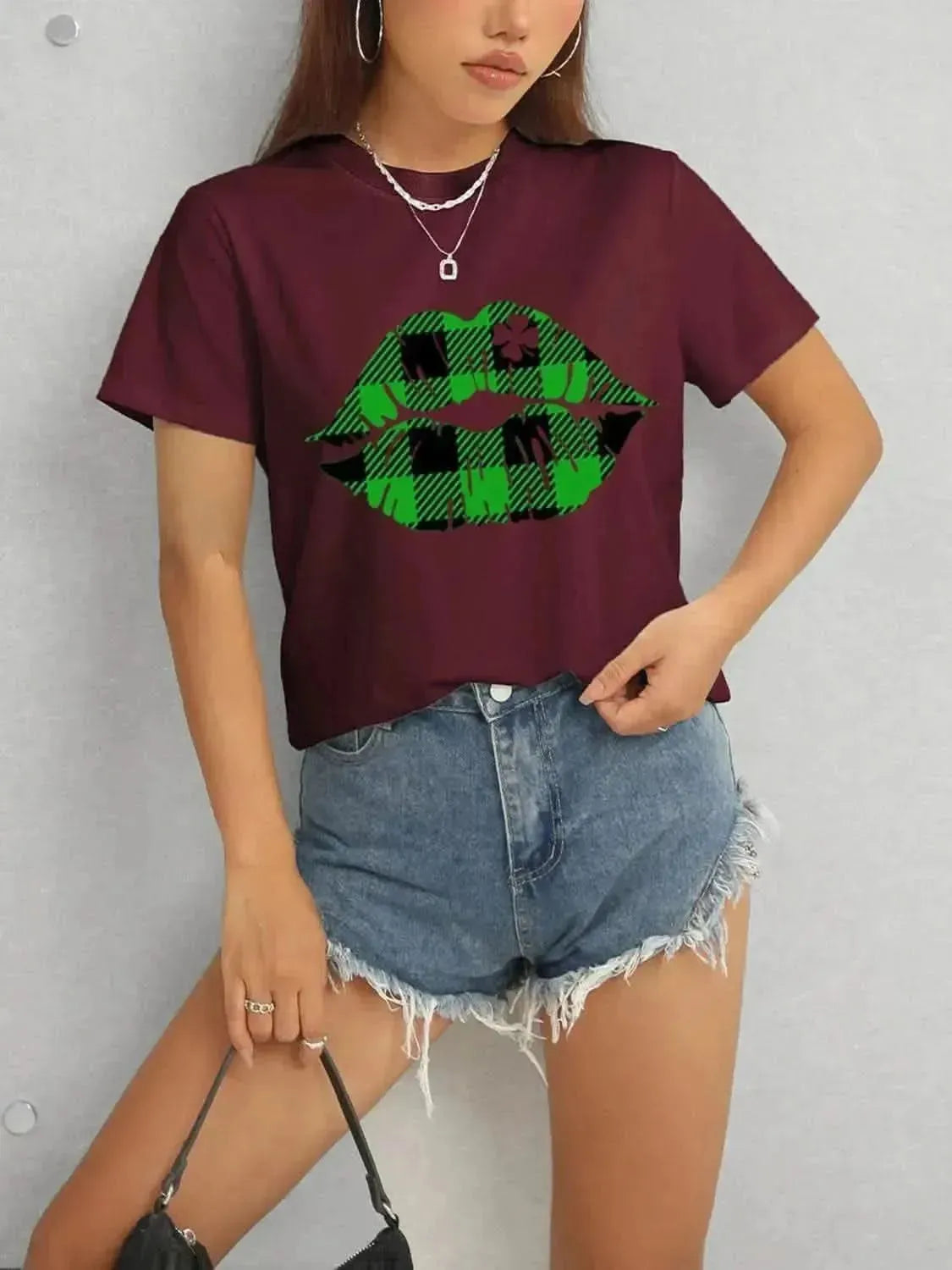 Plaid Lip Graphic Round Neck T-Shirt - Bad Moms Club