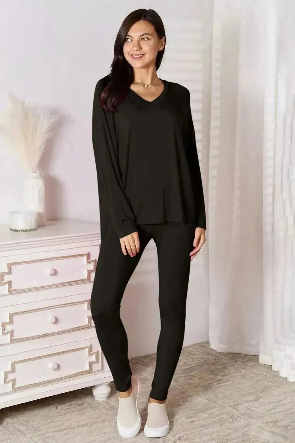 Basic Bae Full Size V-Neck Soft Rayon Long Sleeve Top and Pants Lounge Set - Bad Moms Club