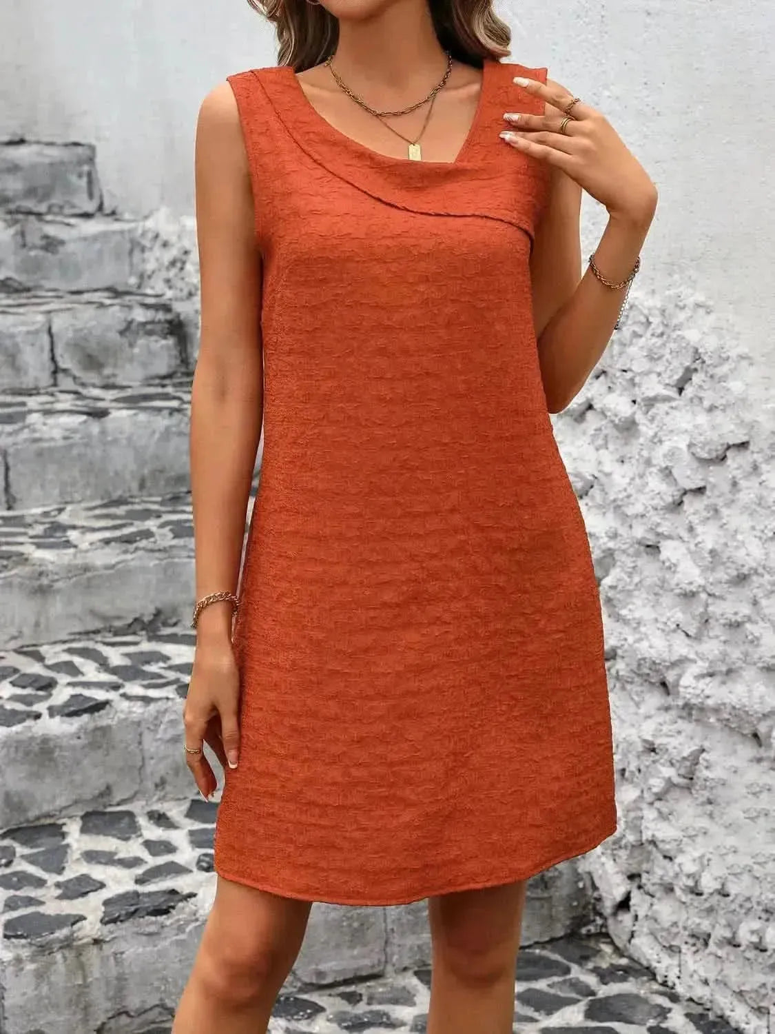 Ivy Lane Asymmetrical Neck Sleeveless Mini Dress - Bad Moms Club