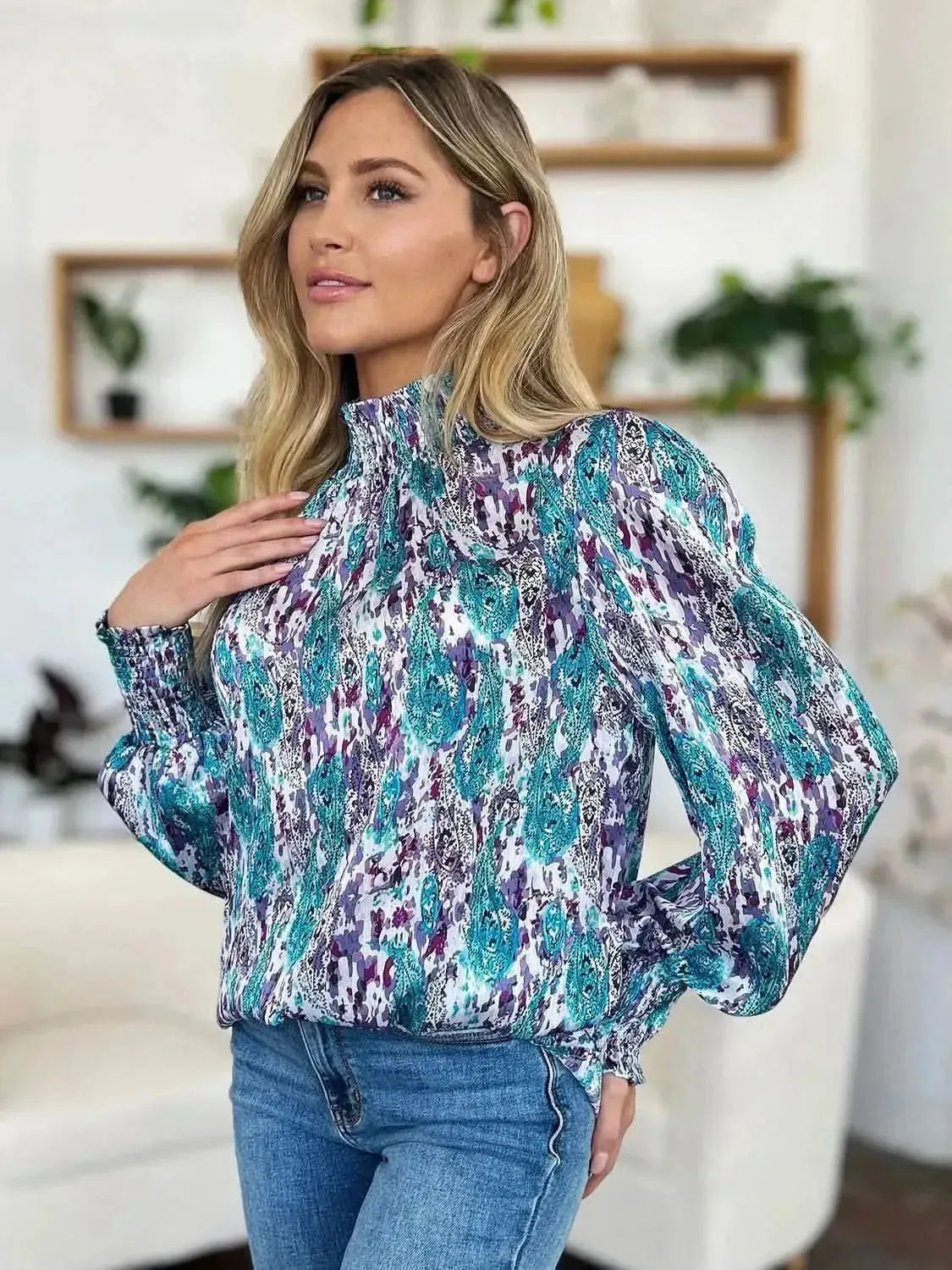 Double Take Full Size Printed Smocked Long Sleeve Blouse - Bad Moms Club