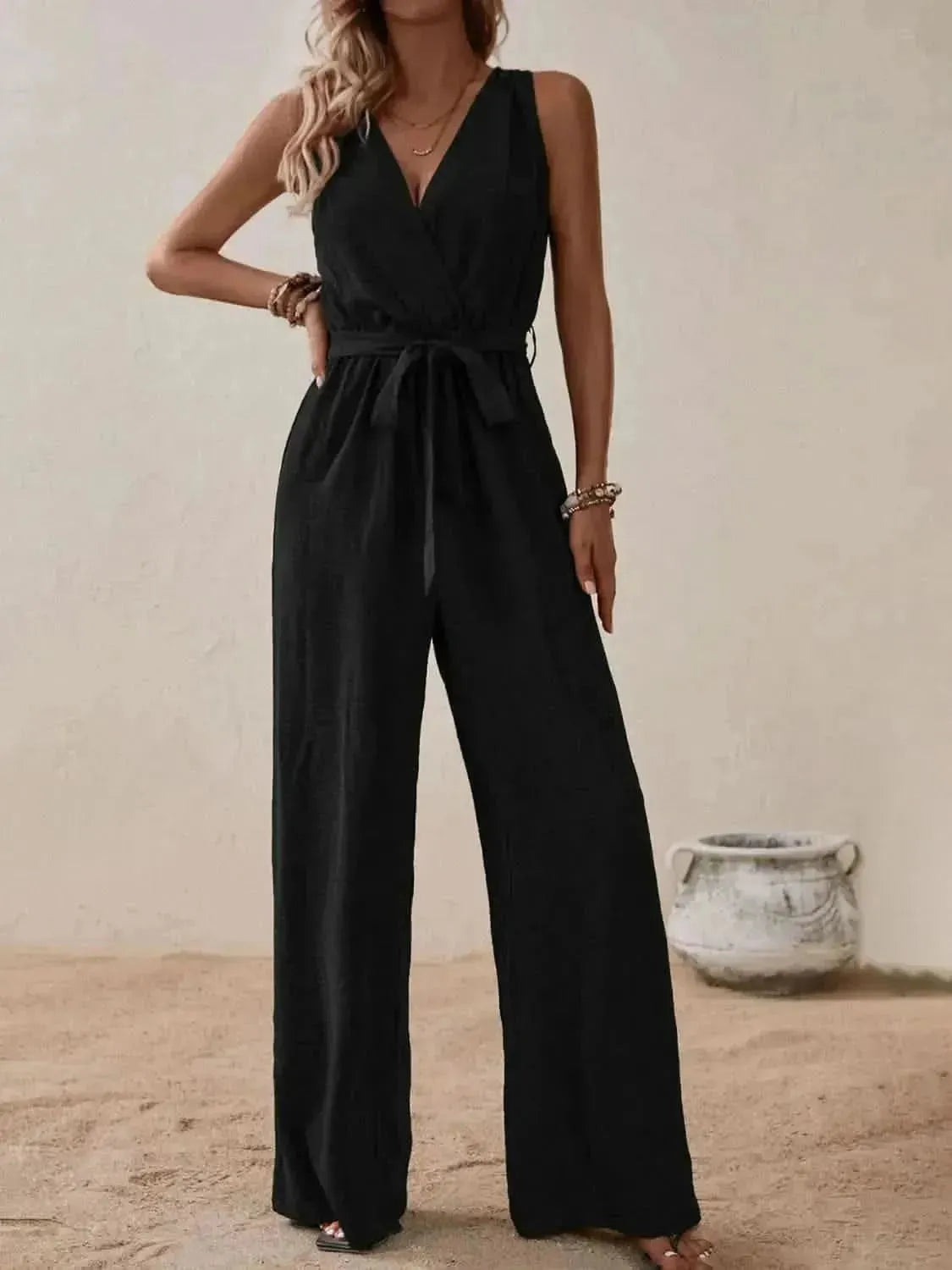 Honey Tied Surplice Sleeveless Wide Leg Jumpsuit - Bad Moms Club