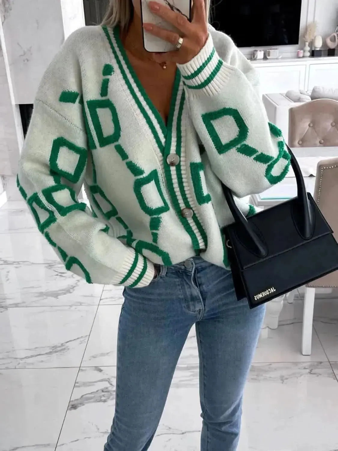 Geometric Dropped Shoulder Button Down Cardigan - Bad Moms Club