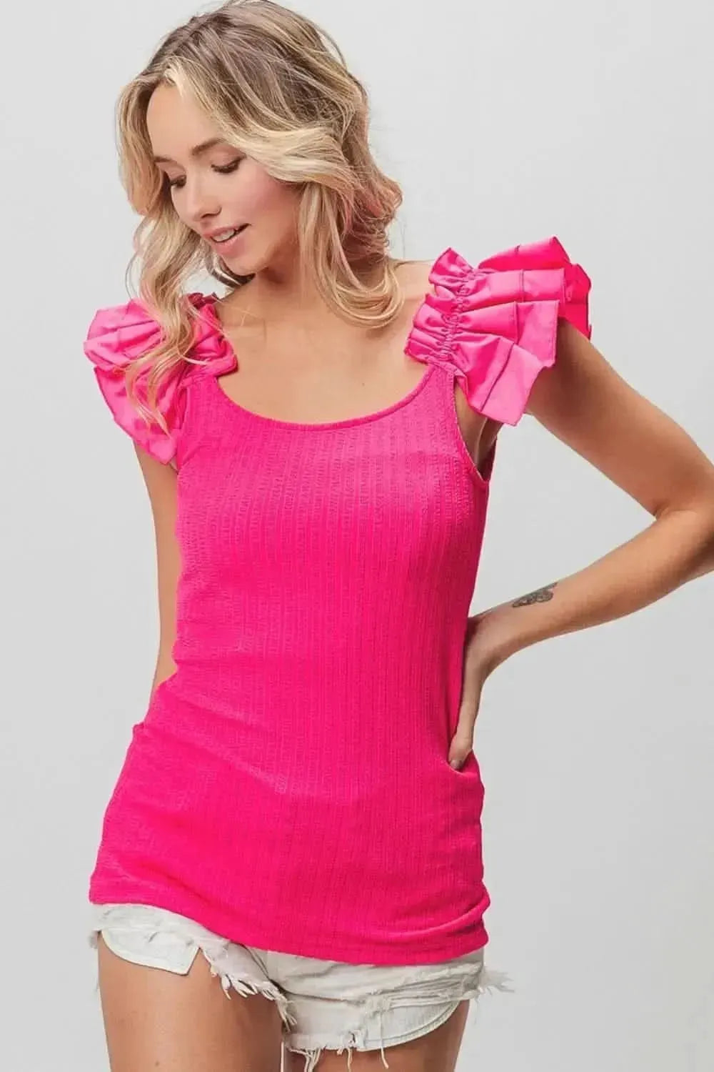 BiBi Ruffled Shoulder Strap Rib Texture Top - Bad Moms Club