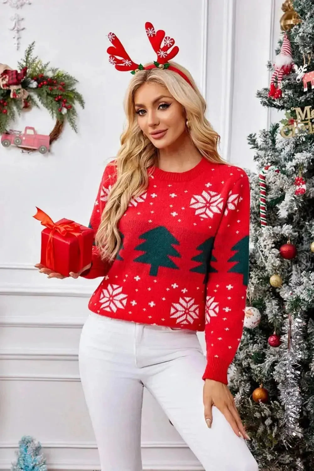 Christmas Tree Round Neck Long Sleeve Sweater - Bad Moms Club