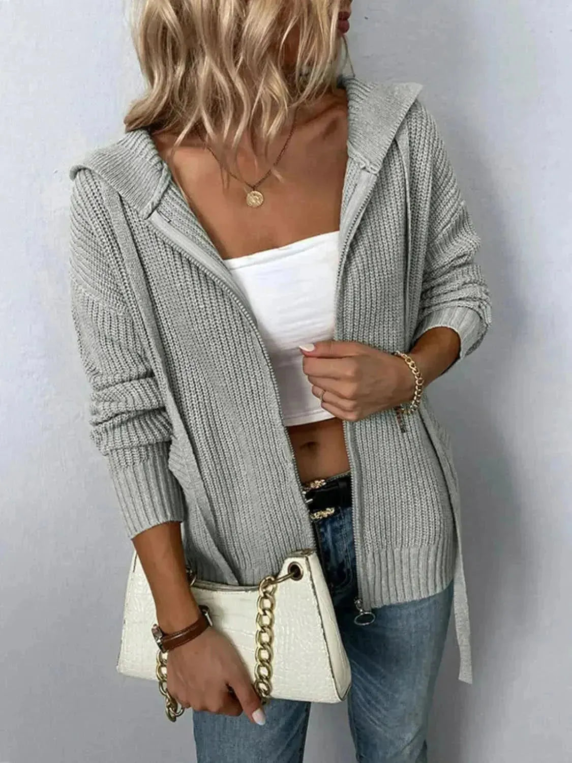 Zip-Up Drawstring Detail Hooded Cardigan - Bad Moms Club
