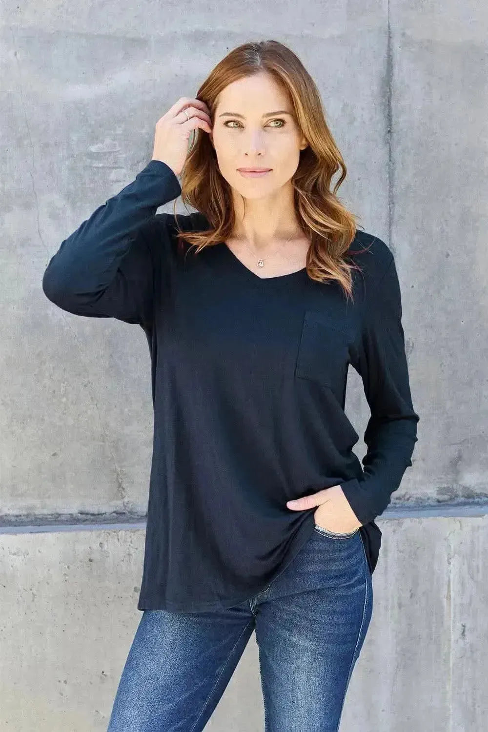 Basic Bae Full Size V-Neck Long Sleeve Top - Bad Moms Club