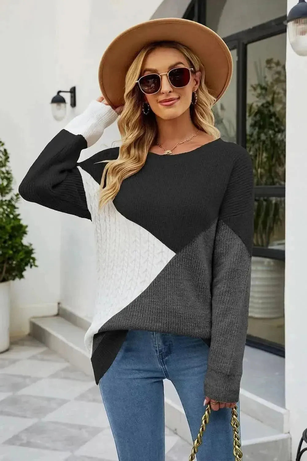 Color Block Round Neck Sweater - Bad Moms Club