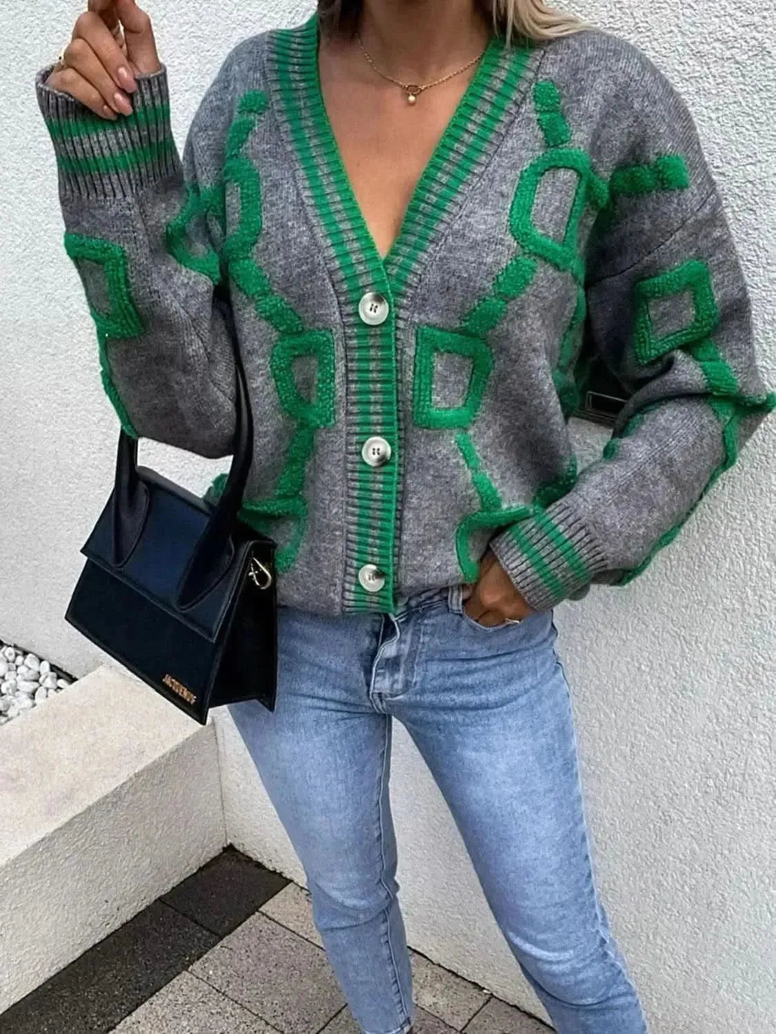 Geometric Dropped Shoulder Button Down Cardigan - Bad Moms Club