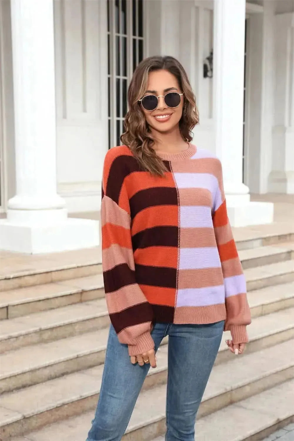 Angel Wings Round Neck Long Sleeve Color Block Dropped Shoulder Pullover Sweater - Bad Moms Club