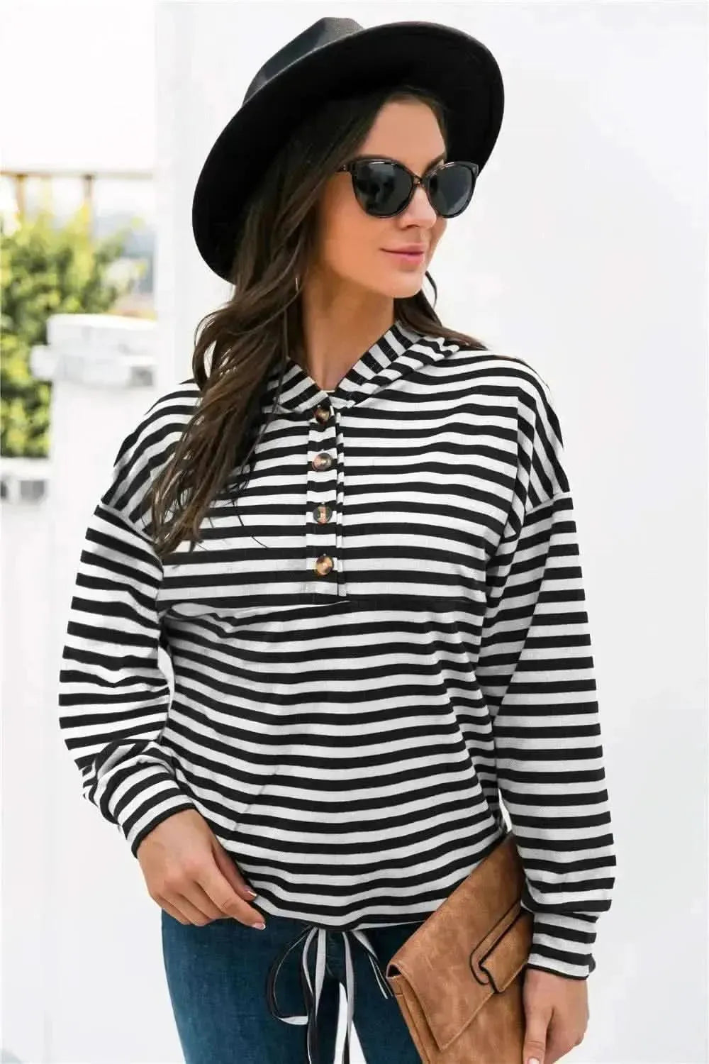 Striped Half-Button Dropped Shoulder Hoodie - Bad Moms Club