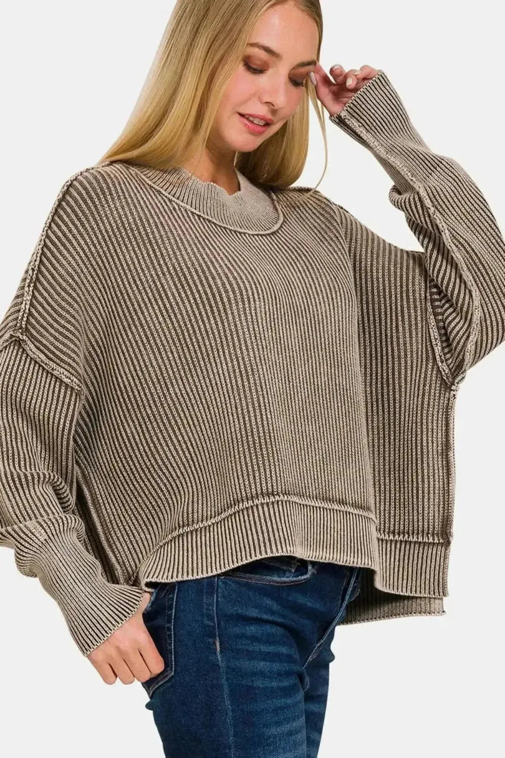 Zenana Exposed Seam Round Neck Dropped Shoulder Sweater - Bad Moms Club