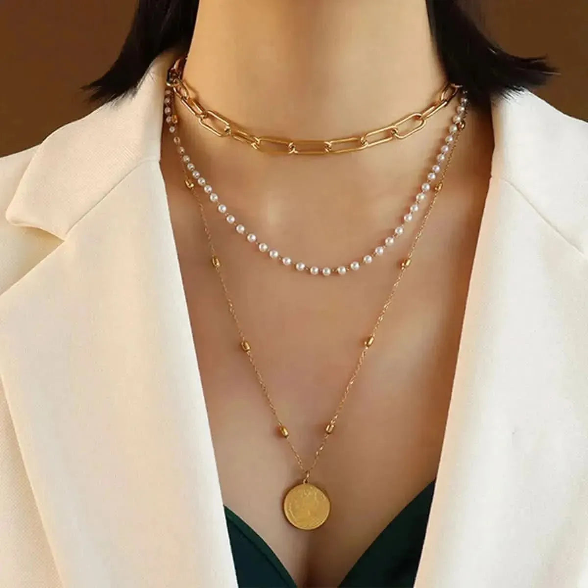 Synthetic Pearl Titanium Steel Three-Layered Necklace - Bad Moms Club