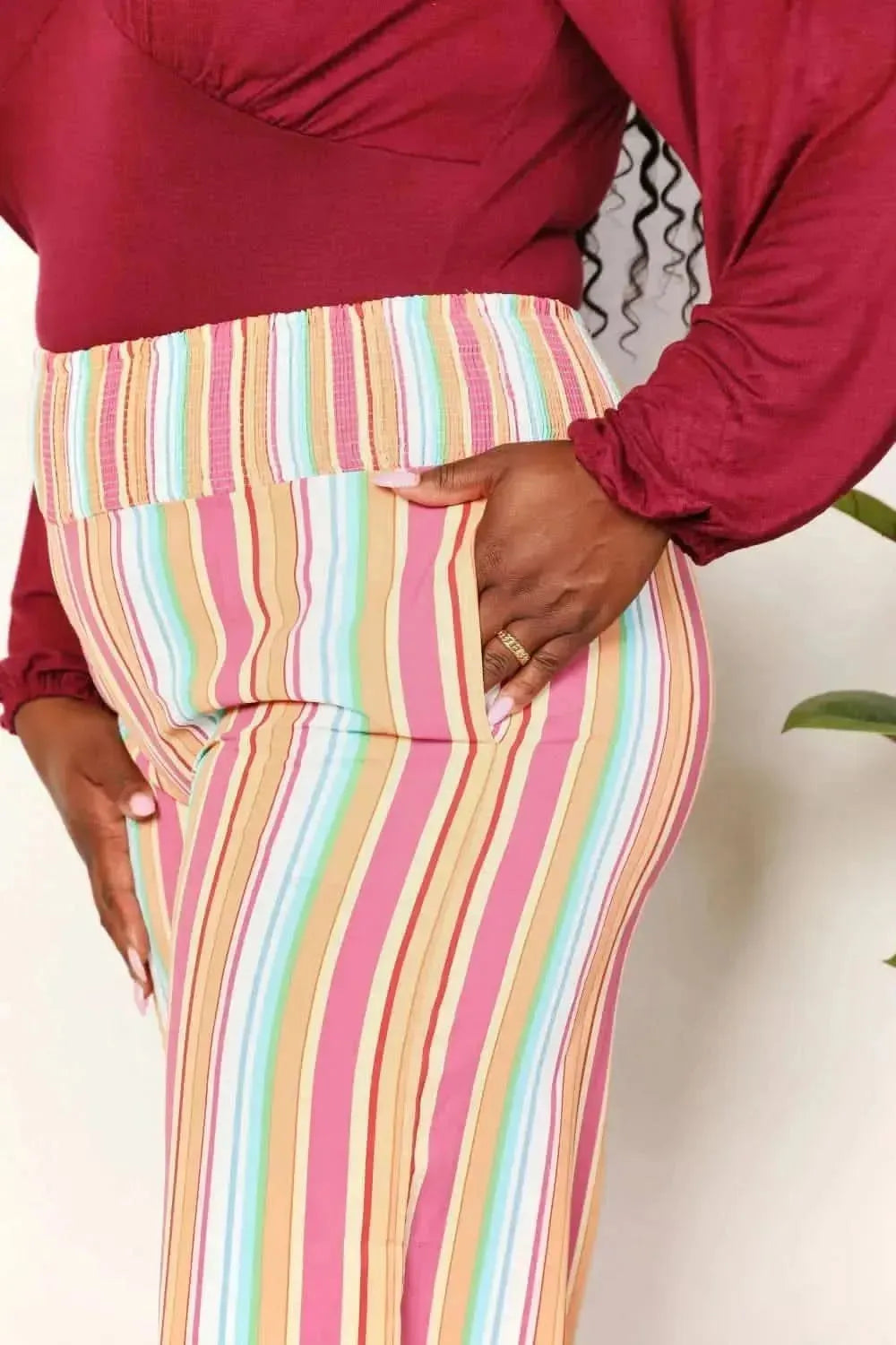 Double Take Striped Smocked Waist Pants with Pockets - Bad Moms Club