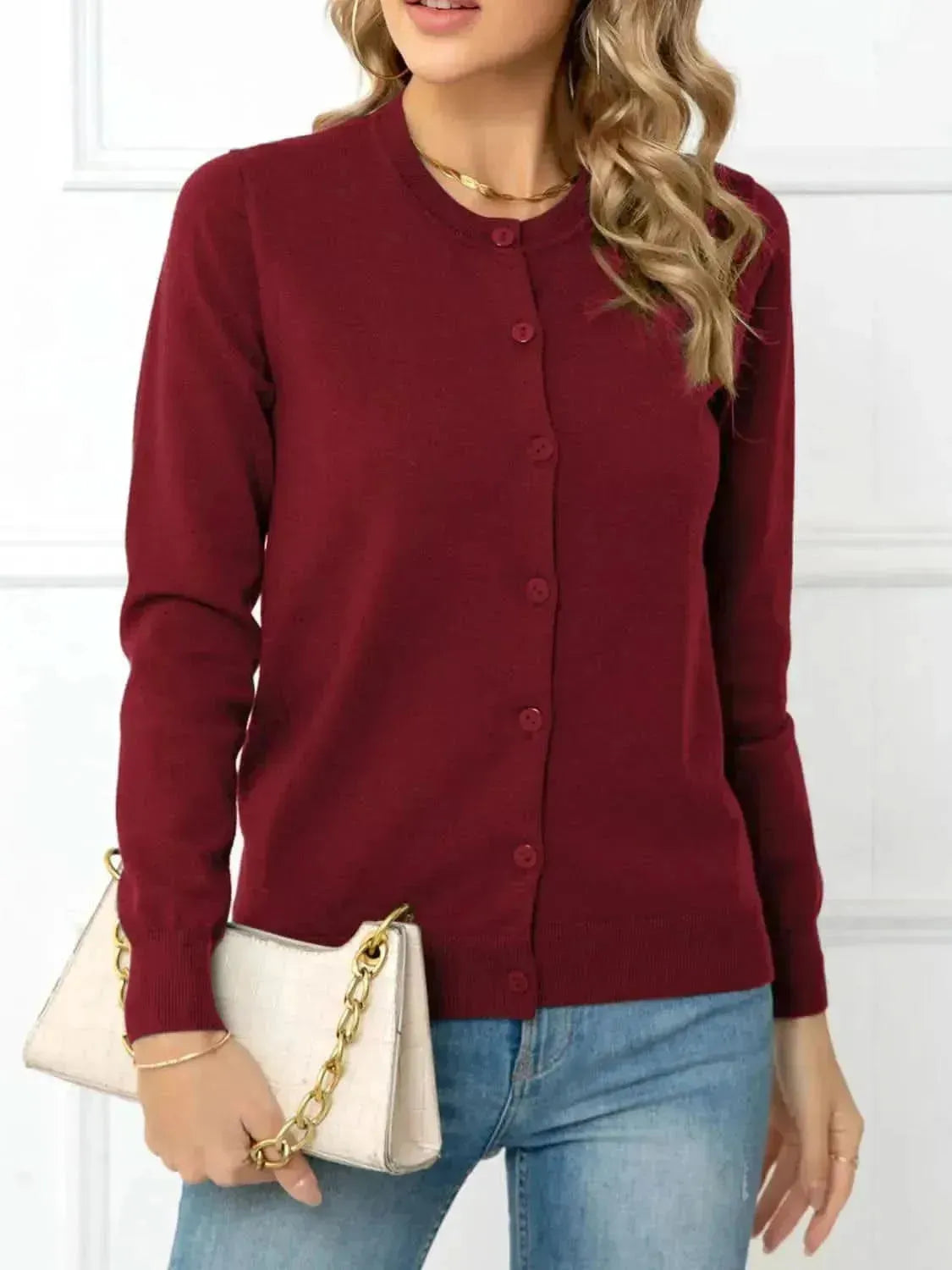 Button Down Round Neck Cardigan - Bad Moms Club