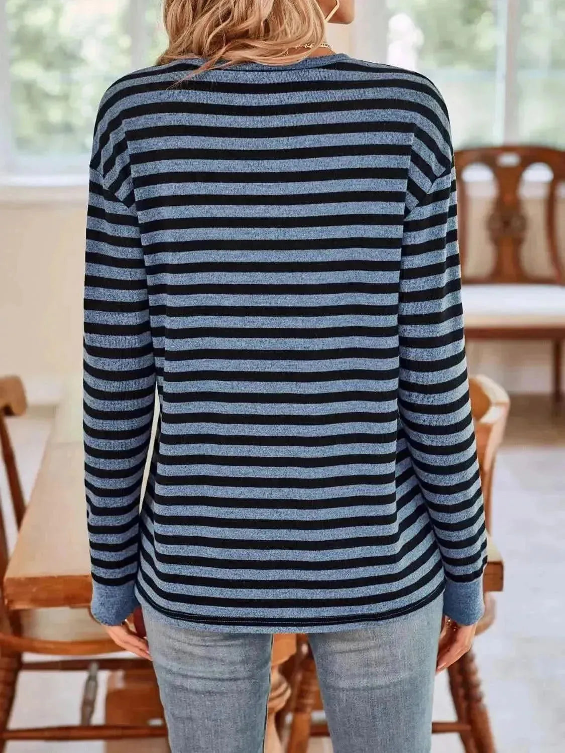 Striped Round Neck Long Sleeve T-Shirt - Bad Moms Club